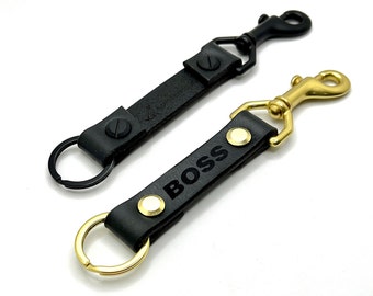 Personalised Custom Laser Engraved Black Leather Key Chain / Ring / Lanyard / Luggage Clip / Fob