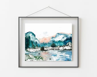 Pode incluir: Pintura em aquarela de uma paisagem de montanha com um lago em primeiro plano. A obra apresenta montanhas verde-azuladas e azuis, um céu rosa e laranja e um lago reflexivo. A impressão emoldurada é exibida contra uma parede branca.