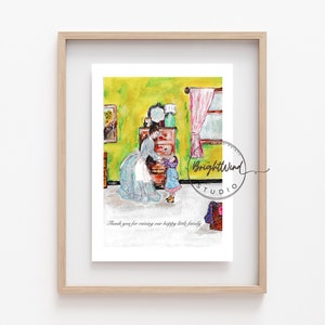 DIGITAL download/ ART Mothers Day Gift Printable Art 5x7 Watercolor Sketch Classic Happy Little Family Book lover gift mom home decor print