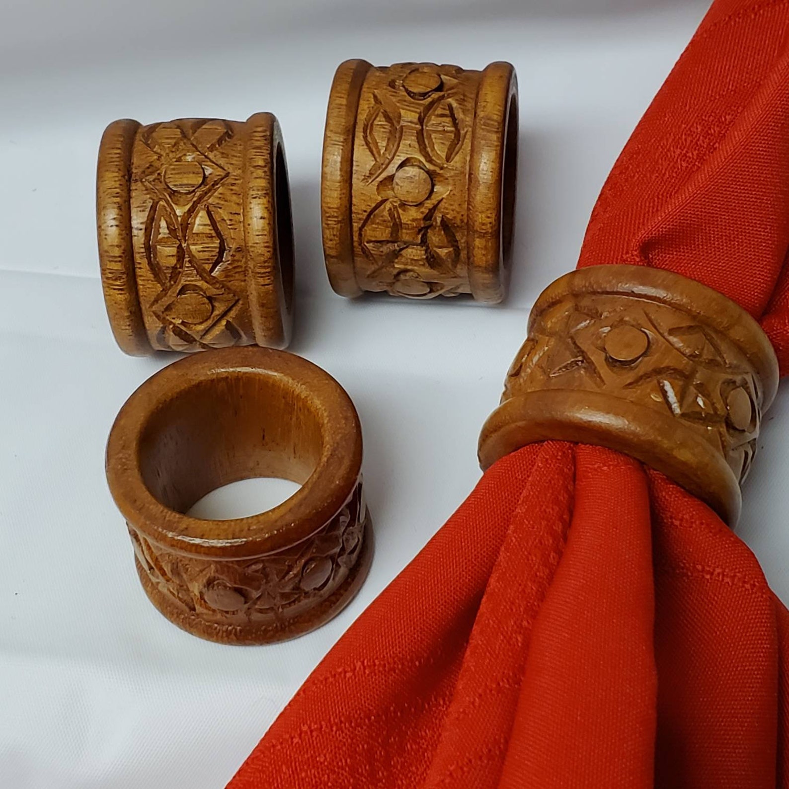 Mid century modern carved wood napkin rings set of 4 Etsy