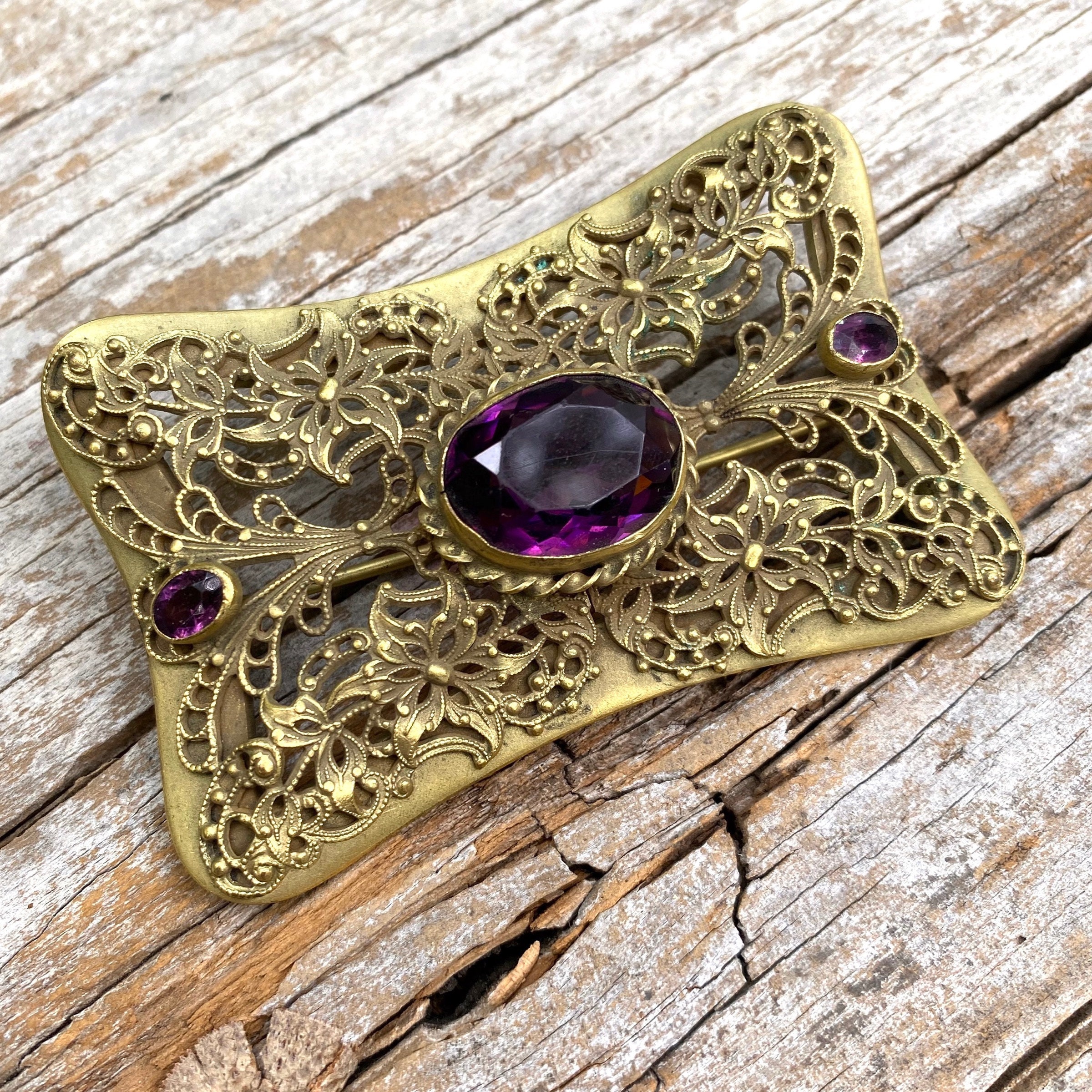 Art Noveau brooch vintage brooch brass pin amethyst glass Etsy