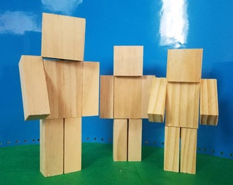 One of Each Size,Minecraft Style Wooden Unfinished Pine Wood Figurine Customizable Wooden Family Set of 3 DIY Paint Plain Wooden Minecraft