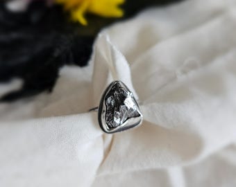 May include: A silver-toned ring featuring a central, irregularly shaped, textured stone-like element with a dark, metallic finish. The centerpiece is framed by a smooth, polished silver border, set upon a thin, simple metal band.