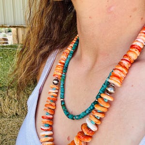 Gigantic Orange Spiny Oyster Necklace, Navajo Pearl Necklace, Genuine Turquoise Necklace, Statement Necklace, Western Necklace, Boho