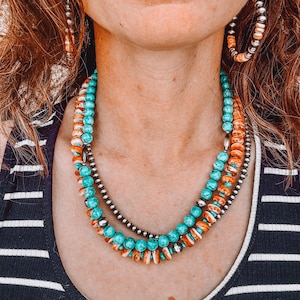 Orange Spiny Oyster Necklace, Turquoise Necklace, Western Necklace, 10MM Spiny Oyster Necklace, Statement Necklace, Navajo Pearl Necklace