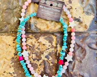 Choker z turkusem, choker w stylu western, choker, choker w gwiazdki, choker z kwarcu różowego, naszyjnik, choker w stylu boho, biżuteria w stylu western, choker w stylu kowbojki