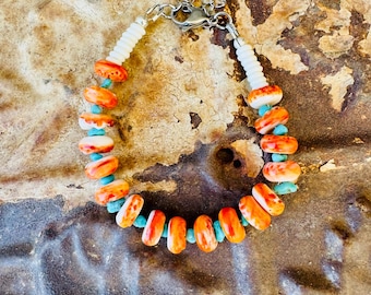 Orange Spiny Oyster Bracelet, Western Bracelet, Cowgirl Bracelet, Chunky Bracelet, Genuine Turquoise Bracelet, Boho Bracelet