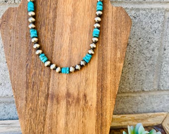 Navajo Pearl Necklace, real Turquoise Necklace, Desert Pearl Necklace, Western Cowgirl Necklace, Western Jewelry, Sterling Necklace