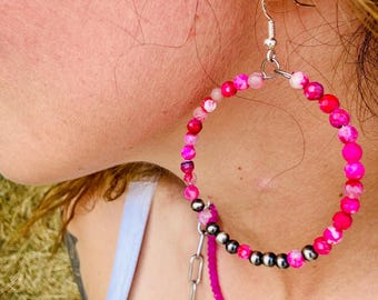 Navajo Pearl Hoop Earrings, Navajo Pearl Earrings, Pink Hoop Earrings, Western Earrings, Boho Earrings, Hoop Earrings, Pink Earrings