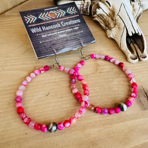 Navajo Hoop Earrings, Pink Earrings, Western Earrings, Western Boho Earrings, Navajo Pearl Earrings, Cowgirl Earrings, Pink Hoop Earrings
