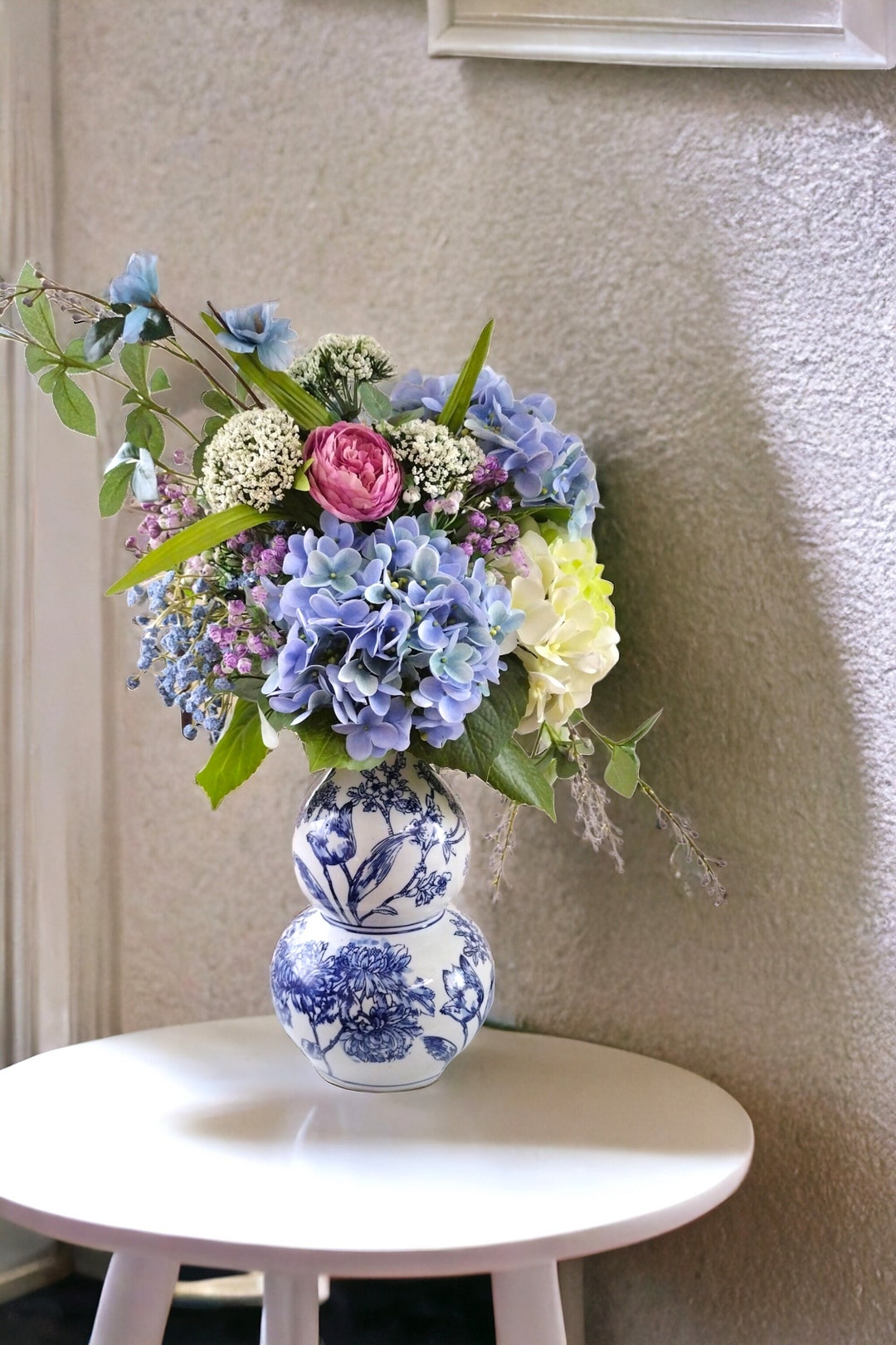 Blue Floral Arrangement, Floral Centerpiece in Blue and White Ceramic ...