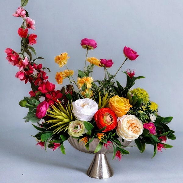 Luxurious real touch and silk flowers arrangement, elegant floral centerpiece, nearly natural floral arrangement
