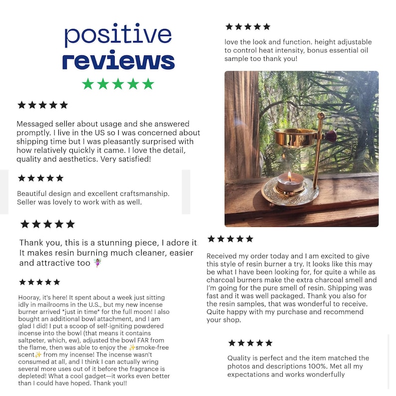 May include: A gold metal incense burner with a round top and three legs. The burner is on a wooden surface. The burner has a small candle in the center and a metal handle on the side. The burner is adjustable in height. The image also includes positive customer reviews for the product.