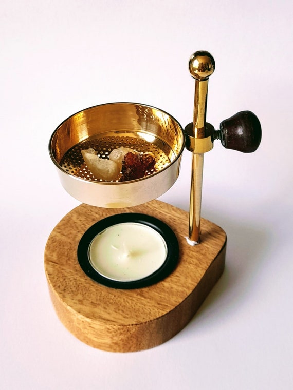 Brass Resin Frankincense Myrrh Incense Burner With Wooden Base Etsy