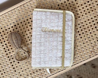 Double gauze health book protector in quilted cotton LINEN LEAVES