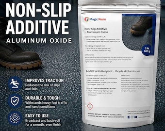 May include: A 2 lb bag of Magic Resin non-slip additive made of aluminum oxide. The white pouch features text detailing coverage for 400 sq. ft. and application instructions, alongside icons for traction, durability, and ease of use for surfaces.