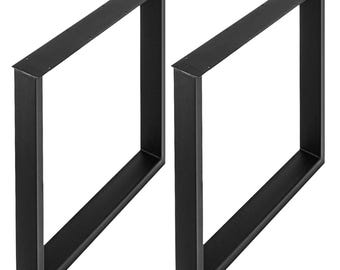 May include: A pair of rectangular table legs constructed from matte black metal. Each leg features a continuous frame design with a flat top mounting plate containing pre-drilled holes for attachment to a tabletop surface.