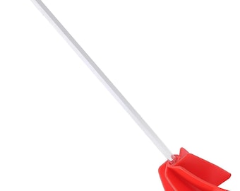 May include: A paint mixer attachment featuring a long, silver-colored hexagonal metal shaft connected to a bright red, multi-finned plastic mixing head designed for use with a power drill to blend liquids or viscous materials thoroughly.