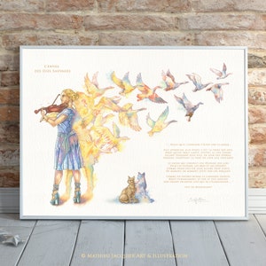 Peut inclure: Une peinture à l'aquarelle d'une femme jouant du violon avec un vol d'oies s'envolant en arrière-plan. La femme porte une robe bleu clair et a de longs cheveux blonds. Les oies volent en formation de V et sont peintes dans des tons de jaune, d'orange et de rose. La peinture est intitulée "L'Envol des Oies Sauvages".