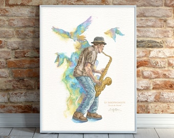 Watercolor painting The Saxophonist An Air of Freedom