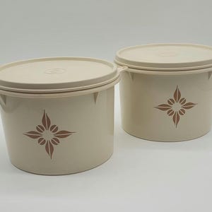 May include: Two beige plastic storage containers with lids. Each container features a brown floral design. The containers are round with a smooth surface. The lids are also beige in colour.