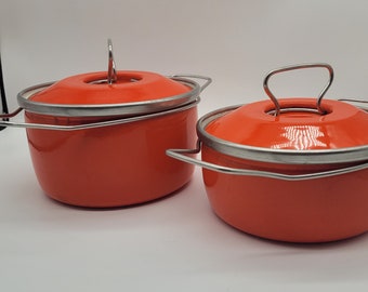 Two Vintage Heavy Based Orange Baked Enamel Cooking Pots