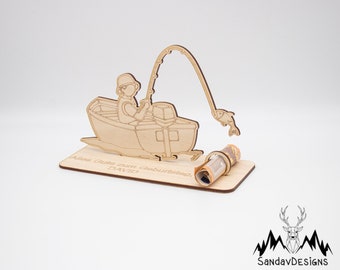 Geldgeschenk Angler - aus Holz personalisiert
