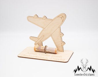 Geldgeschenk Flugzeug - aus Holz personalisiert
