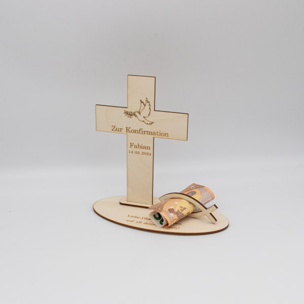 Geldgeschenk Konfirmation - Kreuz - aus Holz personalisiert