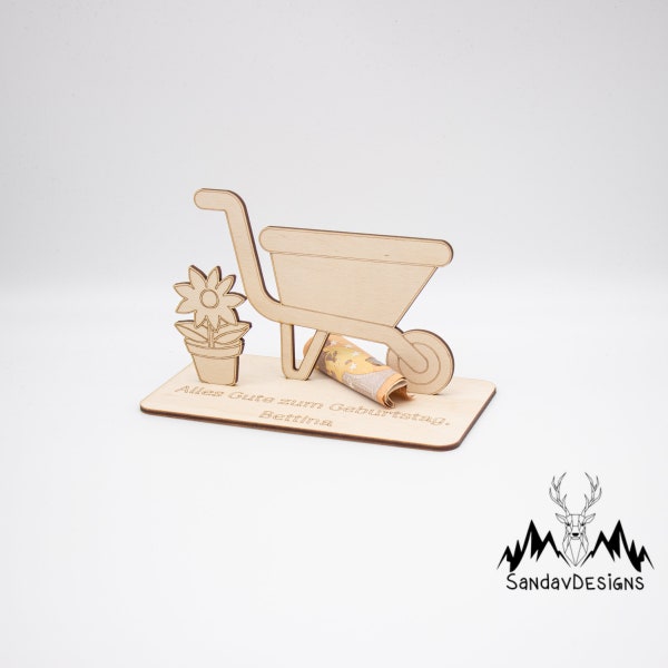 Geldgeschenk Schubkarre - aus Holz personalisiert