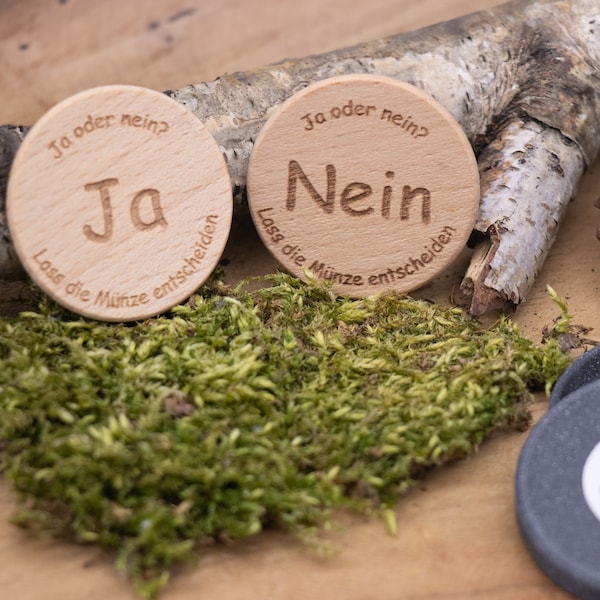 Entscheidungsmünze aus Holz Ja oder Nein