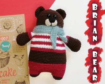 Brian Bear Crochet PATTERN, amigurumi bear pattern, teddy bear pattern, teddy bear, cute bear, pdf pattern, brown bear amigurumi, red, white