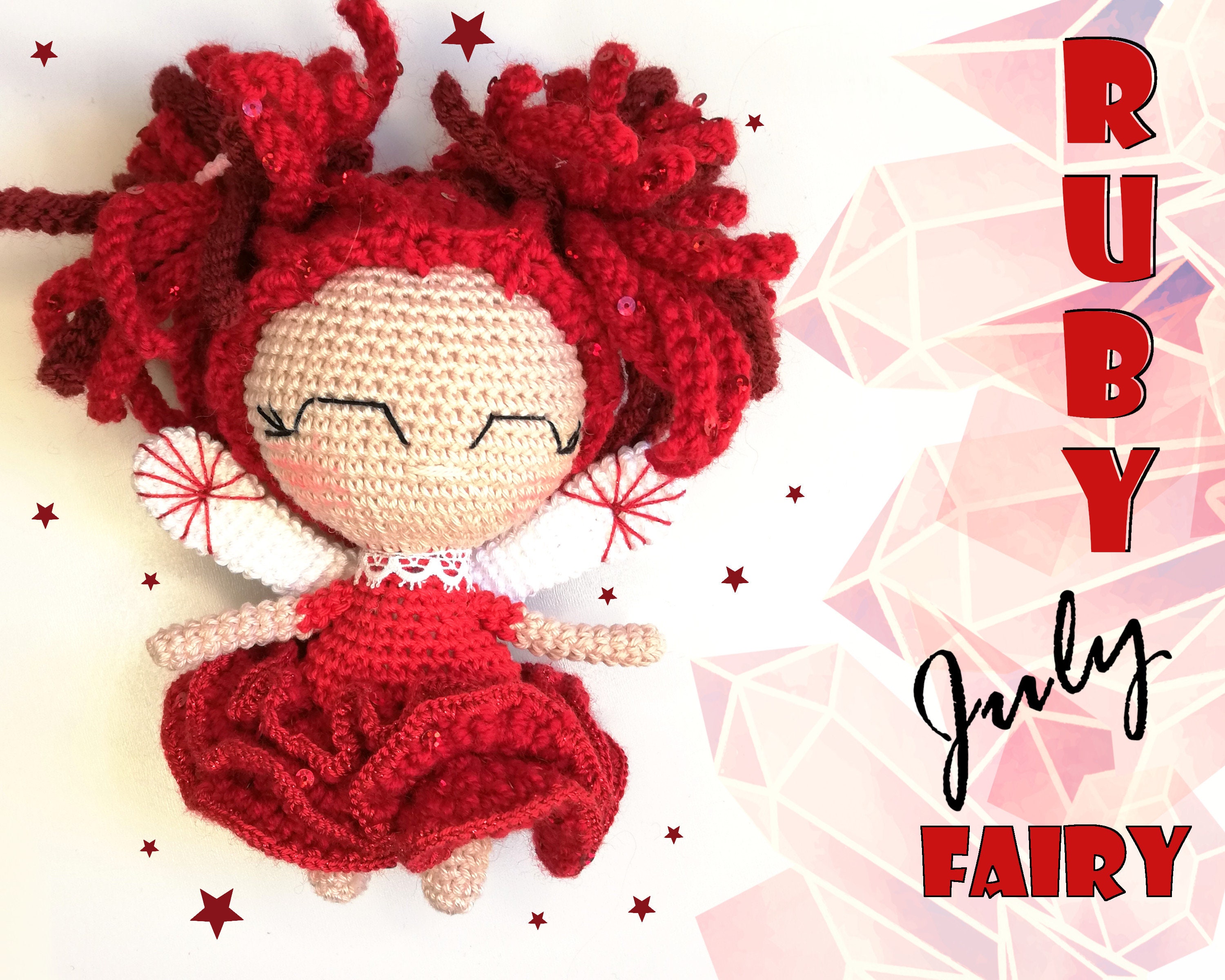 Ruby Birthstone Fairy Crochet PATTERN, easy amigurumi doll step by step photo tutorial, birthday present, lucky charm , gift for her