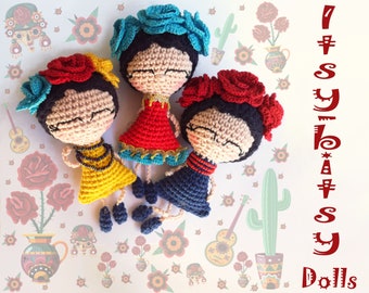 Itsy-bitsy gehaakte pop pdf-patroon om 3 schattige amigurumi-poppen te maken. Kleine Mexicaanse poppen voor de Dag van de Doden. Snel en gemakkelijk te maken.