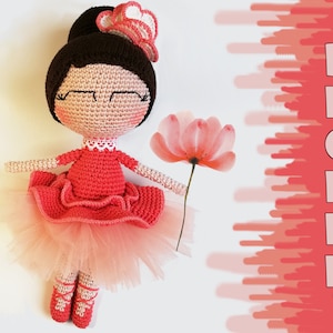 Ballerina Doll in pink dress Crochet Pattern, amigurumi ballet dancer easy step by step photo tutorial, handmade, diy gift for girls,