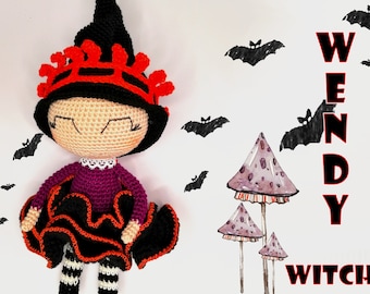 Gehaakt poppatroon Wendy Witch: spookachtige Halloween-amigurumi (pdf-patroon)