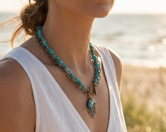 Fiva Boho Necklace Turquoise – 2-row with bronze chain, natural stone jewelry