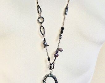 Fiva Necklace long, Pearl Onyx Black Silver