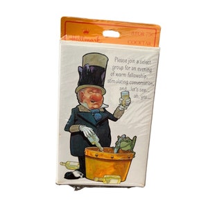 May include: A vintage Hallmark cocktail party invitation card featuring a cartoon illustration of a man in a top hat pouring a drink into a bucket with a frog sitting on the rim. The text on the card reads: "Please join a select group for an evening of warm fellowship, stimulating conversation...and...let's see...ah, yes..."