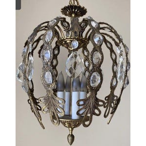Vintage Hollywood Regency Crystal Prism Ornate Waterfall Style Hanging Light