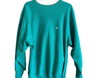 Vtg 90s Champion Reverse Weave Sweatshirt Turquoise Blue XL Made
