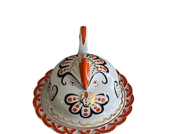 Vintage Russian Butter Cheese Dish Ryaba Hen Promysly Verbilok Orange Gold