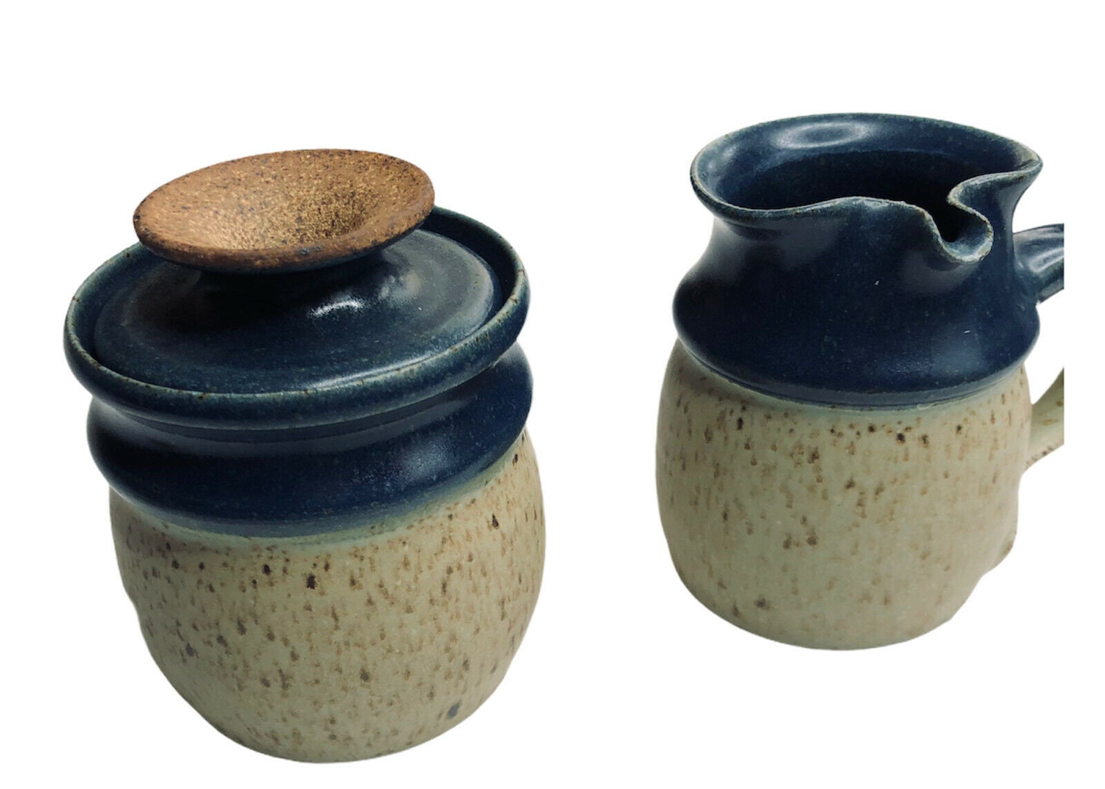 Vintage Studio Pottery Pinched Cream and Covered Sugar Bowl Set Signed Blue