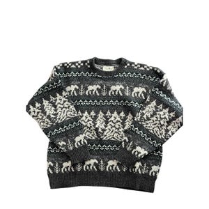 VTG Eddie Bauer Men's Gray Sweater Nordic Moose Trees Wool Blend