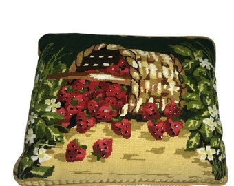 Strawberry Needlepoint Pillow: Floral Basket Design (14x12)