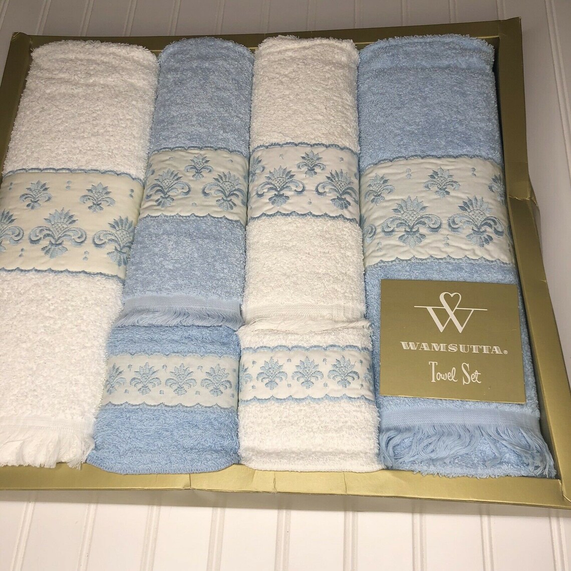 Vintage Wamsutta Blue And White Floral Border Towel Set Bath Etsy