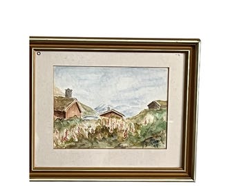 Vintage Original Watercolor Scandinavian Norwegian Landscape Mountains Signed