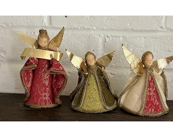 3 Vintage Red Green Gold Wax Head Christmas Angels West Germany READ