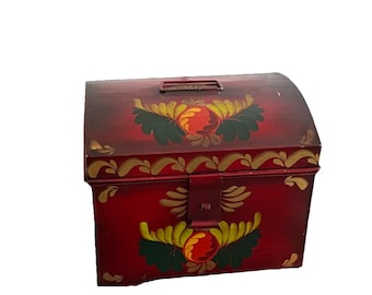 Hand Painted Metal Toleware Pennsylvania Dutch Red Folk Art Floral Storage Box
