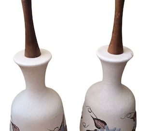 Pair Vintage Mid Century Teak Ceramic Textured Floral Table Lamps Signed